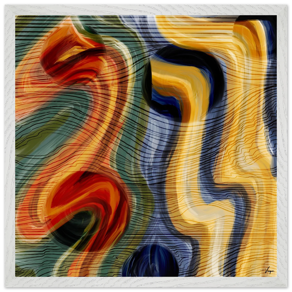 Framed matte paper poster with white border and abstract red, yellow, blue swirl artwork