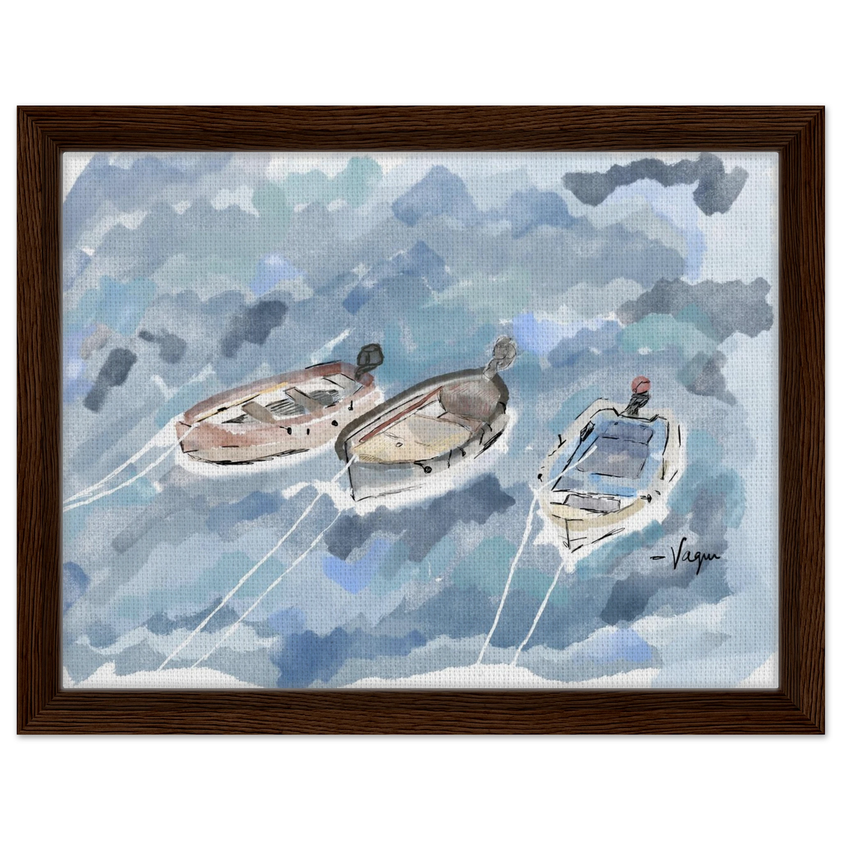 Framed canvas wall art showing three boats on blue water with white ropes, dark wood frame