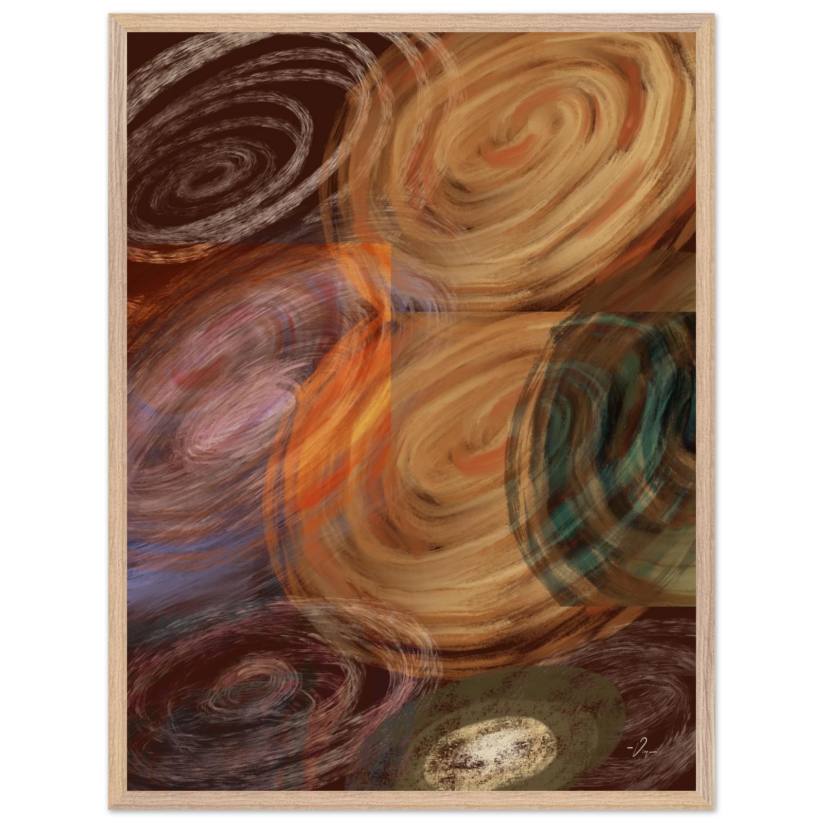 Abstract swirl wall art with light wood frame and multicolor circular patterns