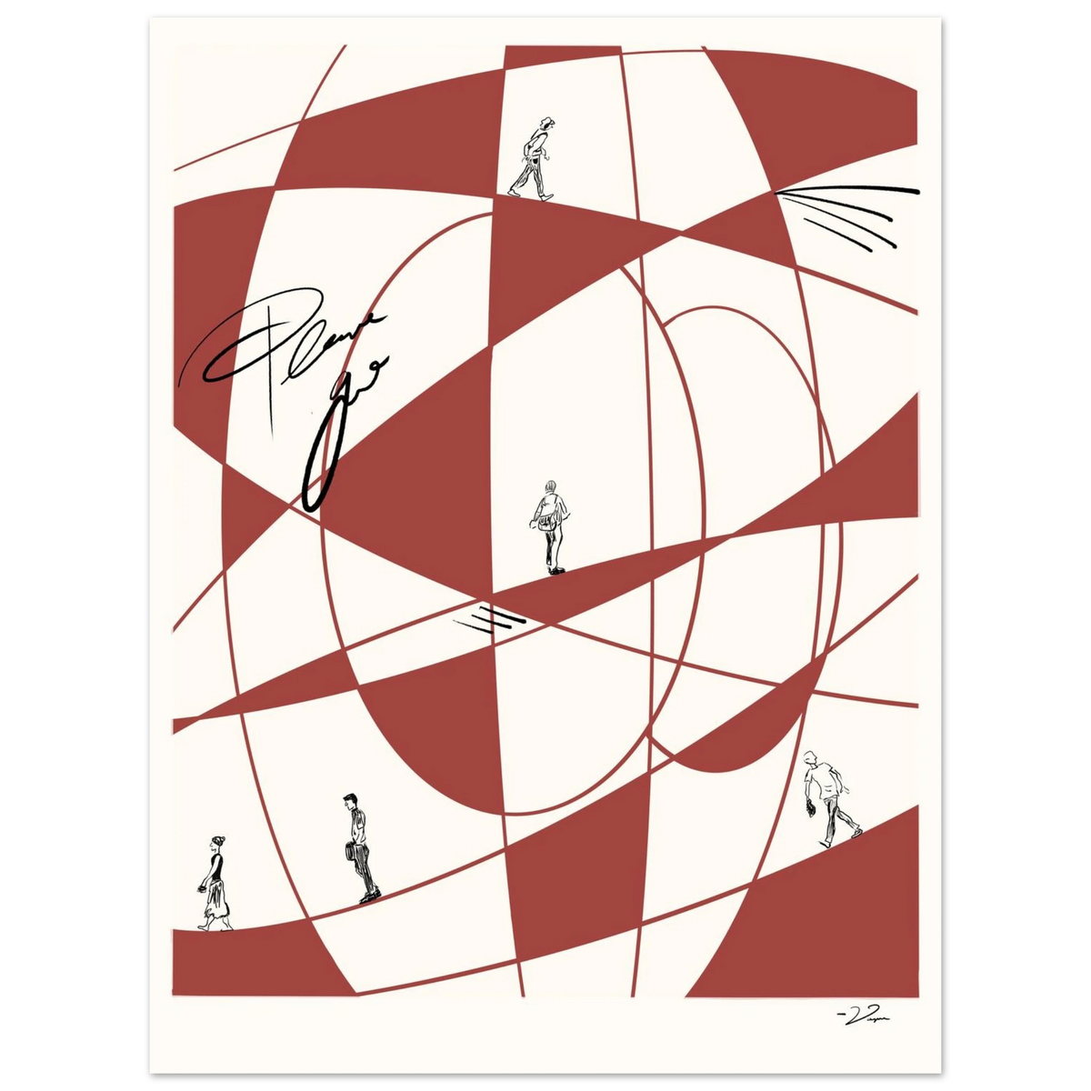 Framed abstract wall art with red geometric pattern and small figures; white frame