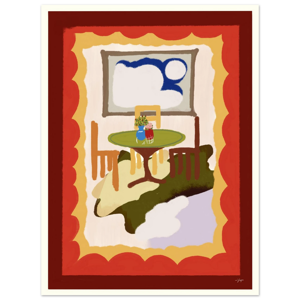 Framed wall art with white frame, red backdrop, green round table and chair