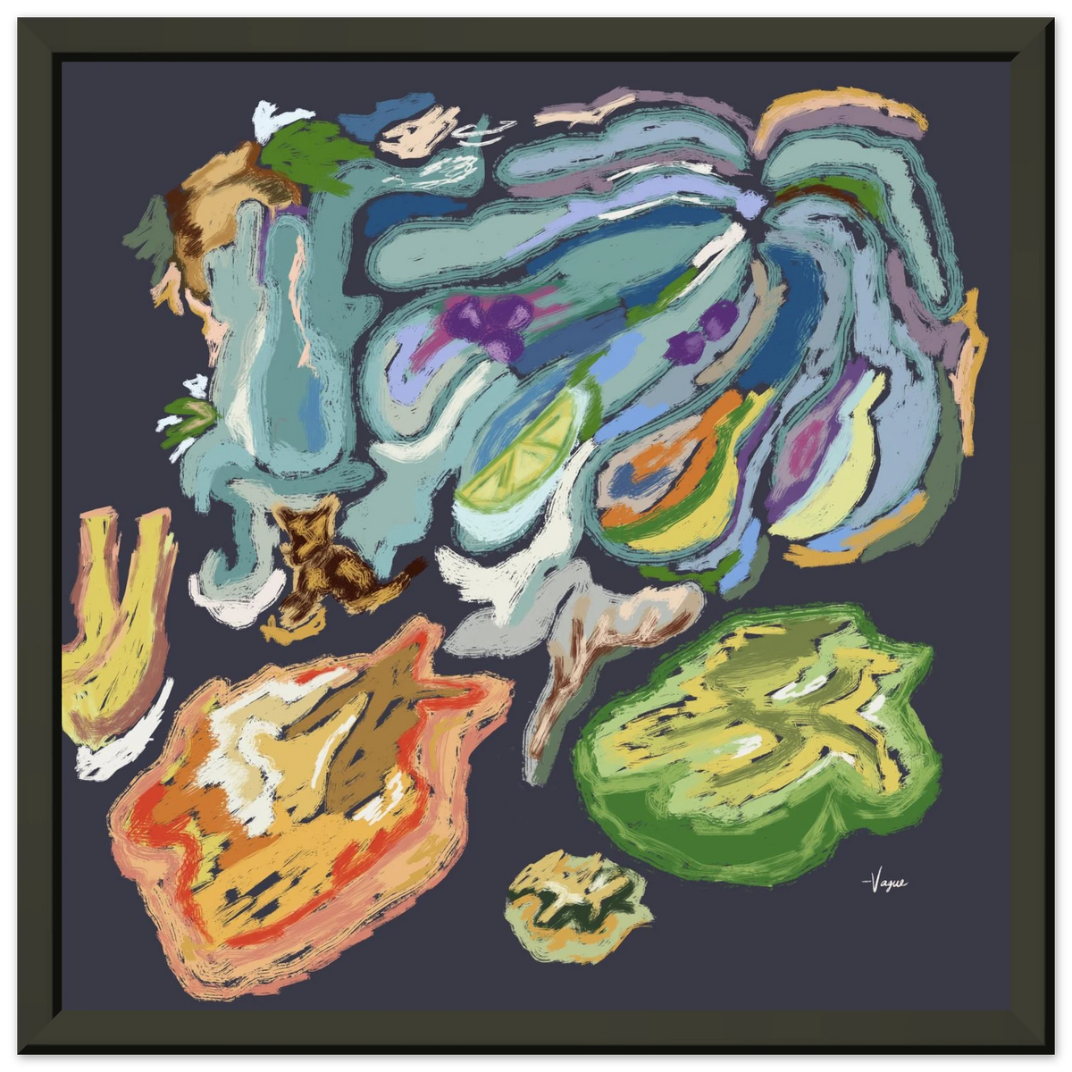 Abstract wall art with colorful paint strokes in a black frame