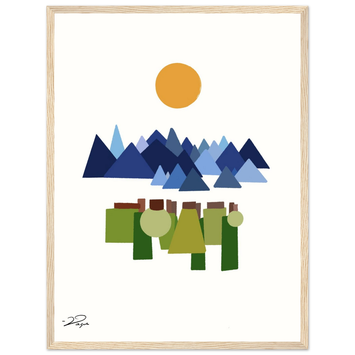 Corrupt Vol. 2 art print with geometric mountain scene in a light wood frame