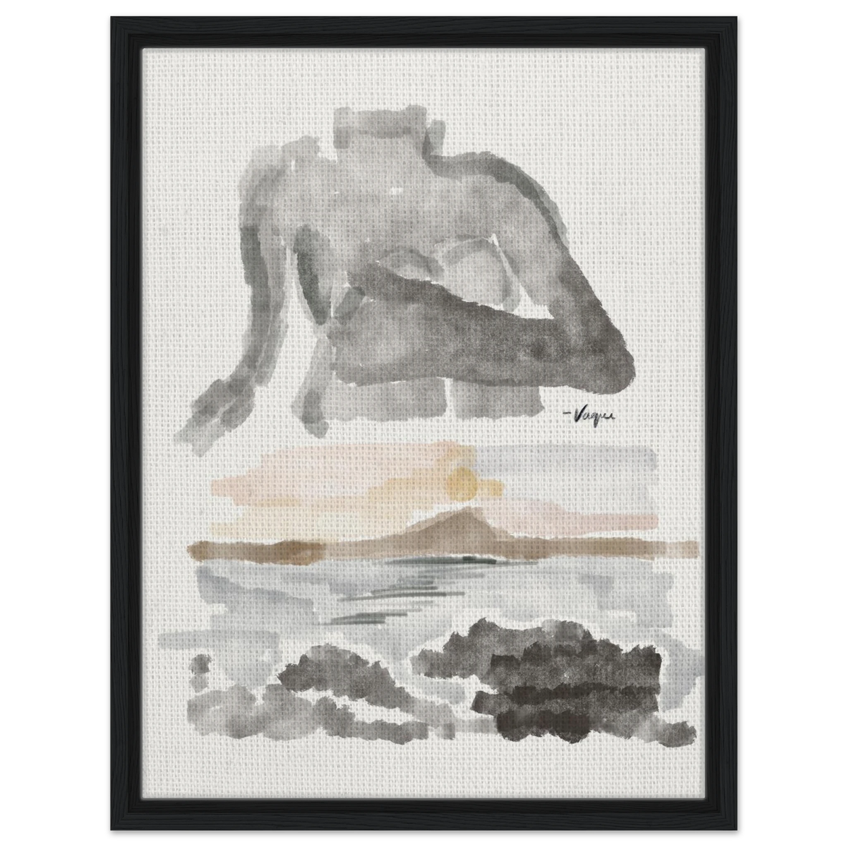 Abstract watercolor wall art in black frame, gray silhouette with tan and charcoal washes