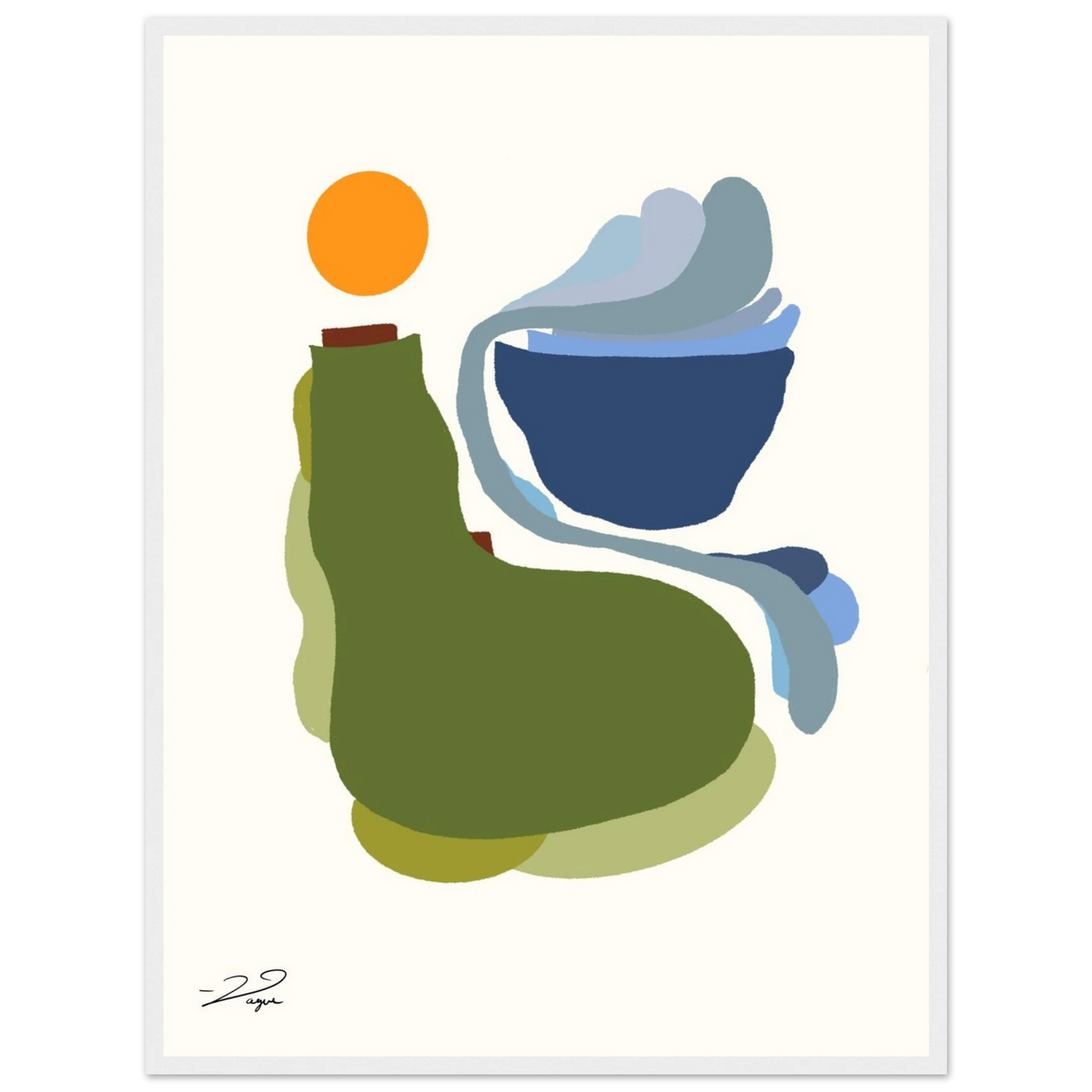 Abstract art print with orange, green and blue shapes in a white frame.