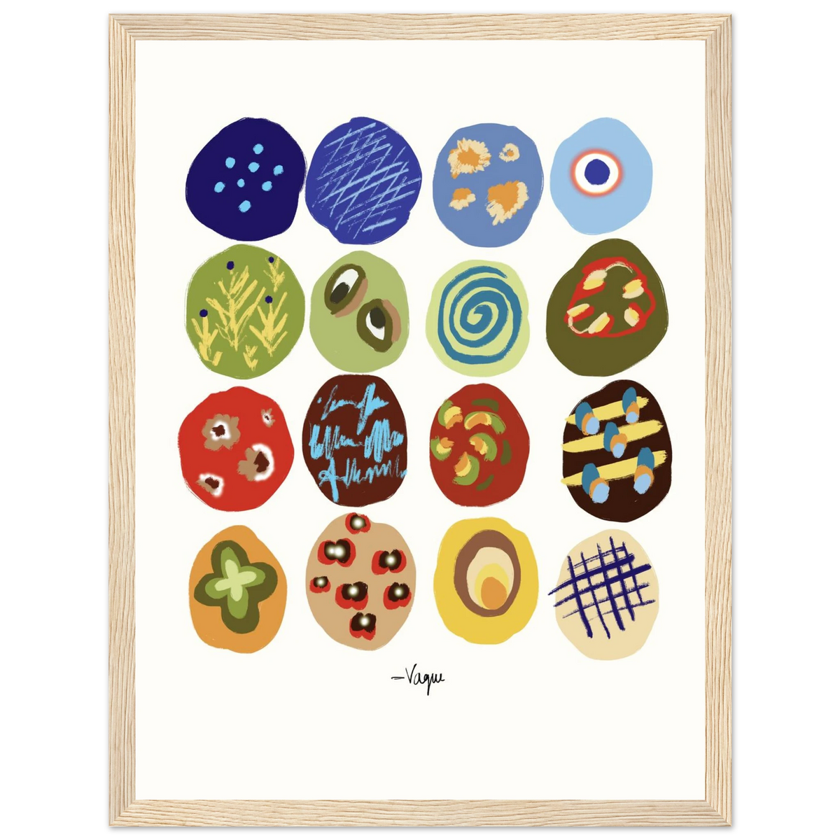 Festa abstract print with colorful motifs in a light wood frame
