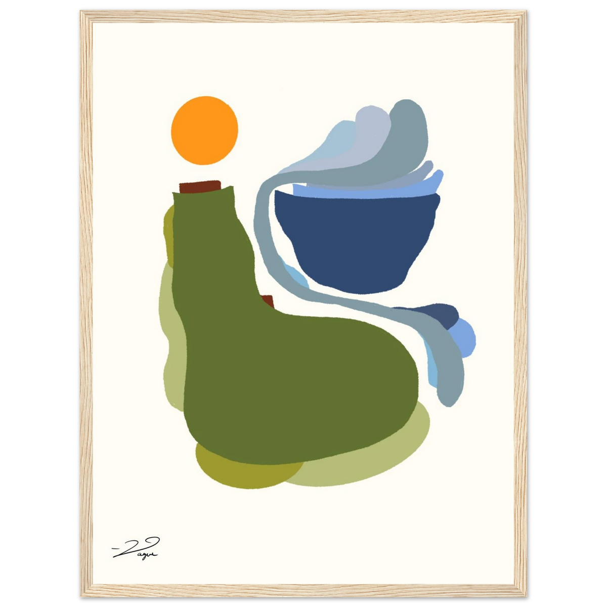 Abstract art print with orange, green and blue shapes in a light wood frame.
