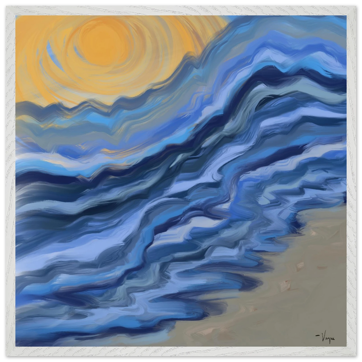 Matte paper poster with blue wave artwork and yellow sun, no frame