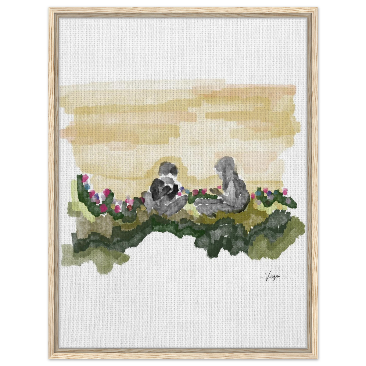 Light wood-framed vertical watercolor print showing two seated figures and a green field