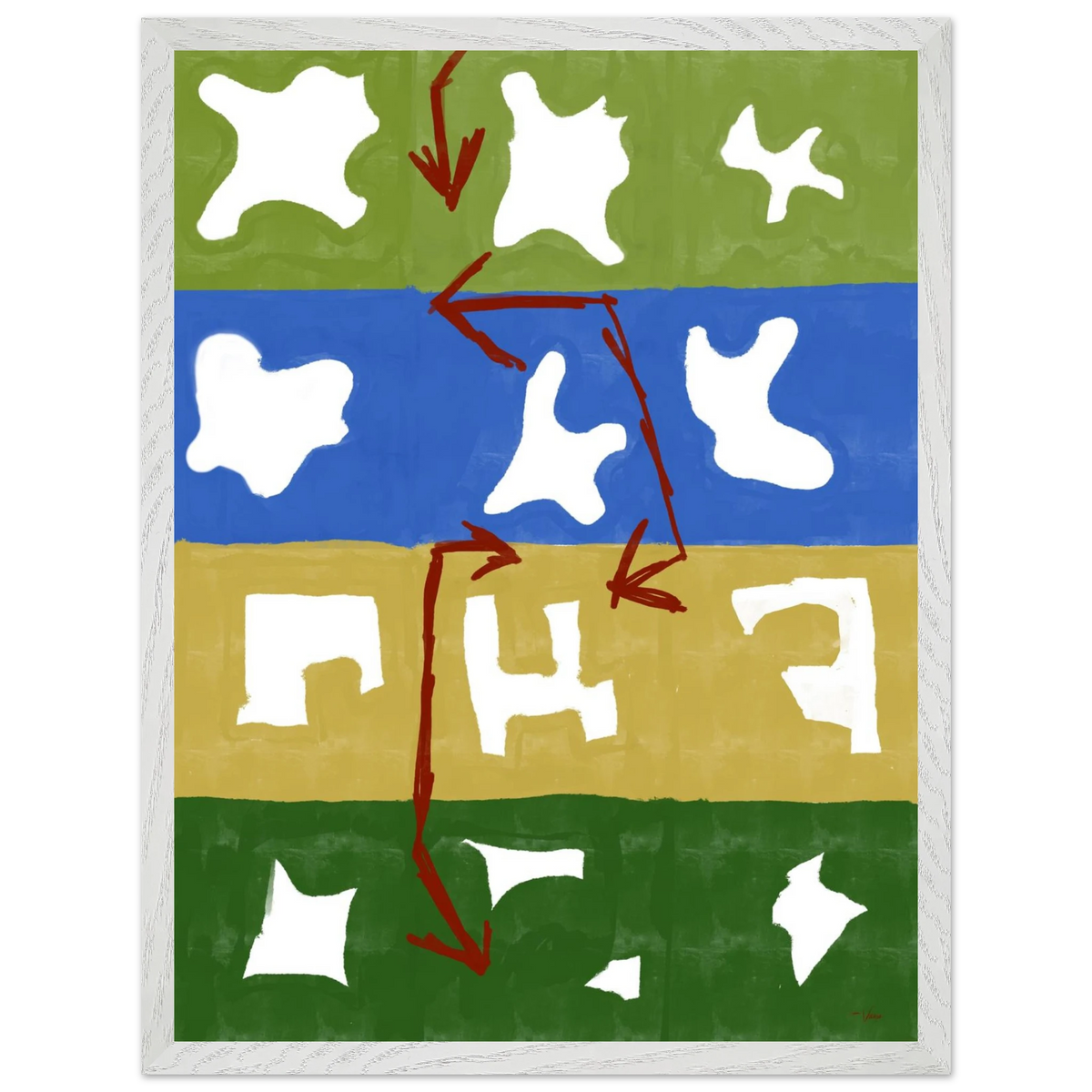 Framed abstract wall art with light wood frame; green, blue, yellow blocks and red arrow marks