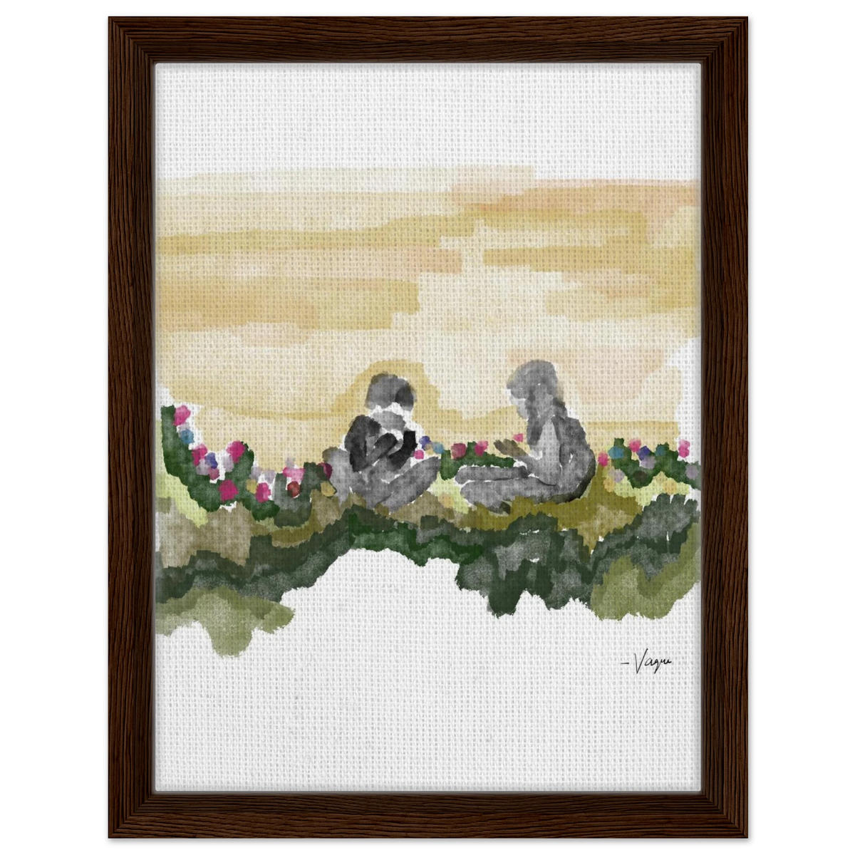 Dark wood-framed vertical watercolor wall art with two seated figures and blooming flowers