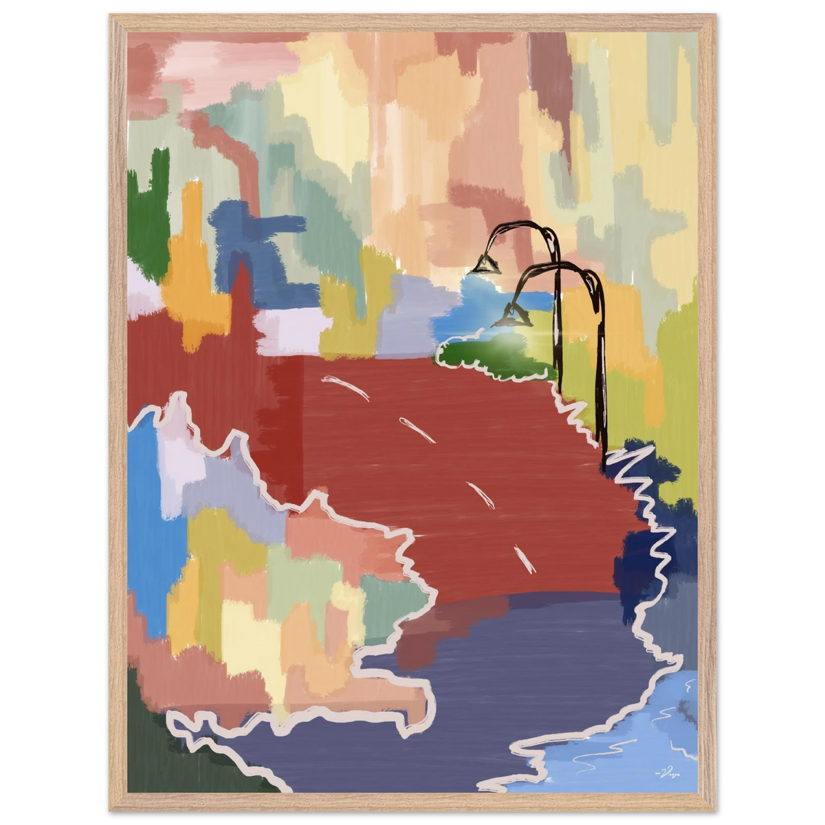 Framed abstract map-style wall art with multicolor coastlines, light wood frame