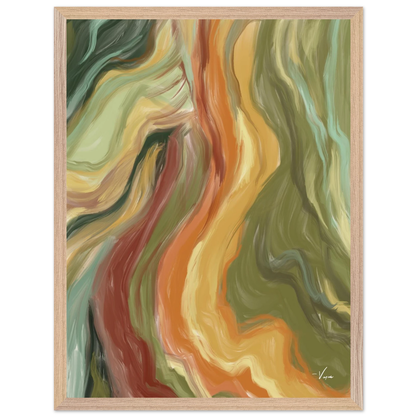 Wood framed abstract wall art featuring flowing multicolor curves in green, orange, and red