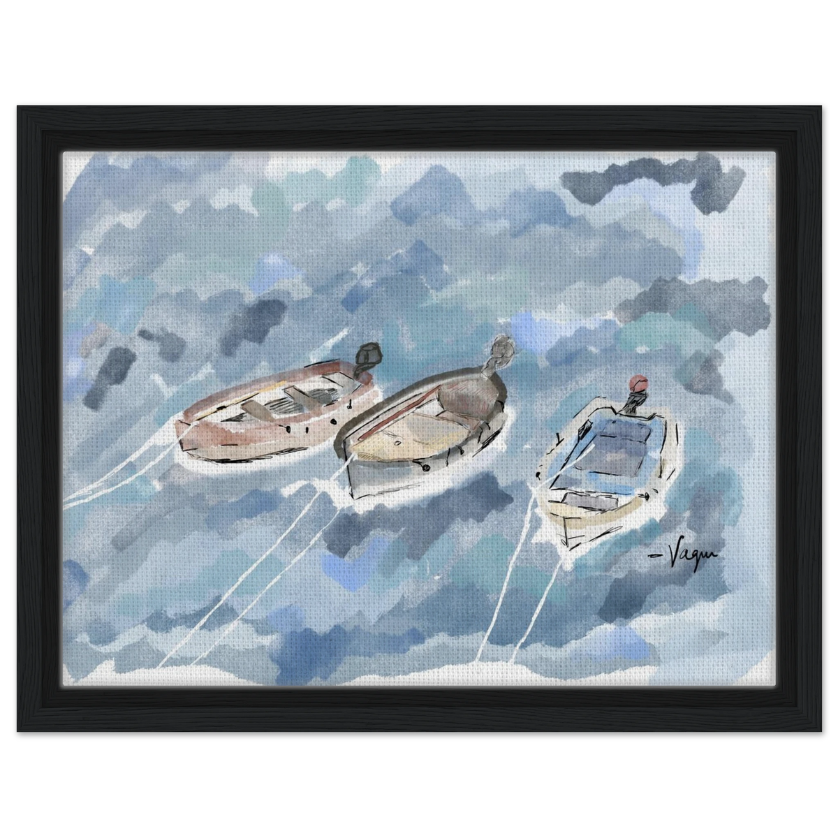 Framed canvas wall art of three boats on blue water with white ropes, black frame