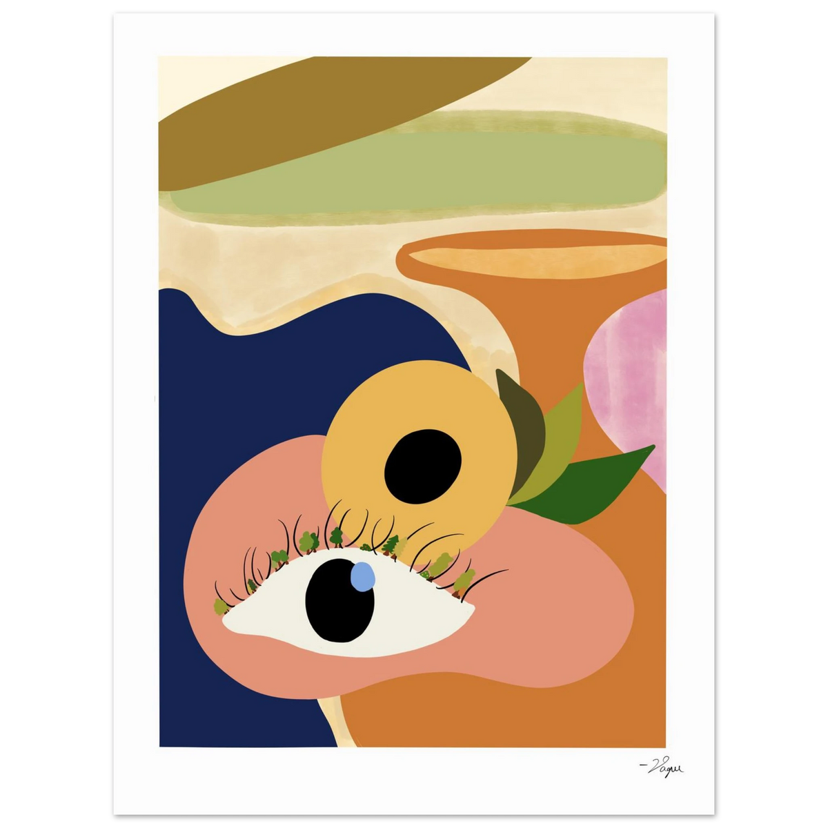 Framed wall art print with abstract eye portrait; white frame