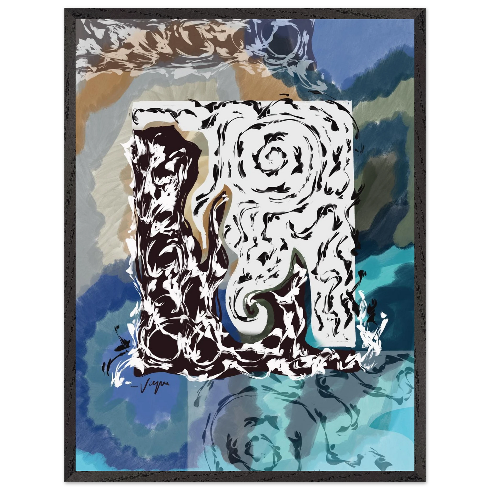 Framed art print with black frame and stylized black-and-white animal portrait