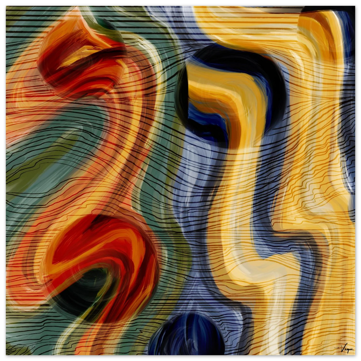 Framed matte paper poster with dark border and abstract red, yellow, blue swirl artwork