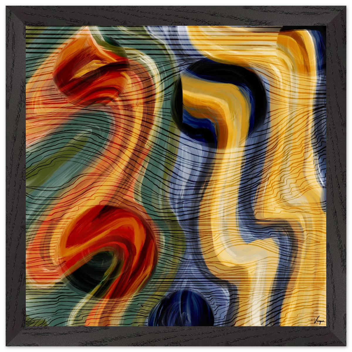 Framed matte paper poster with dark border and abstract red, yellow, blue swirl artwork