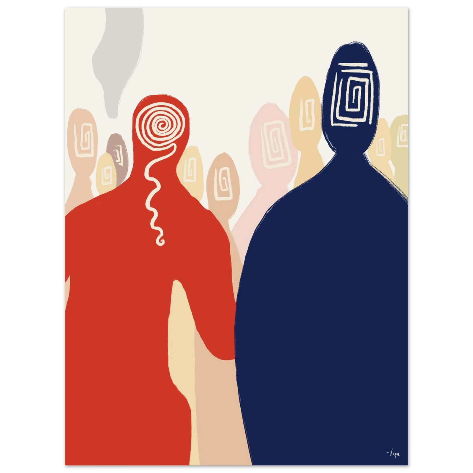 Framed wall art print with red and navy stylized people silhouettes, abstract icons