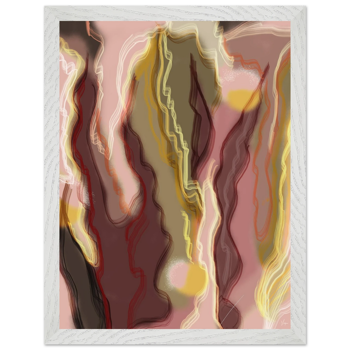 White framed abstract wall art print with flowing yellow, red, and cream lines