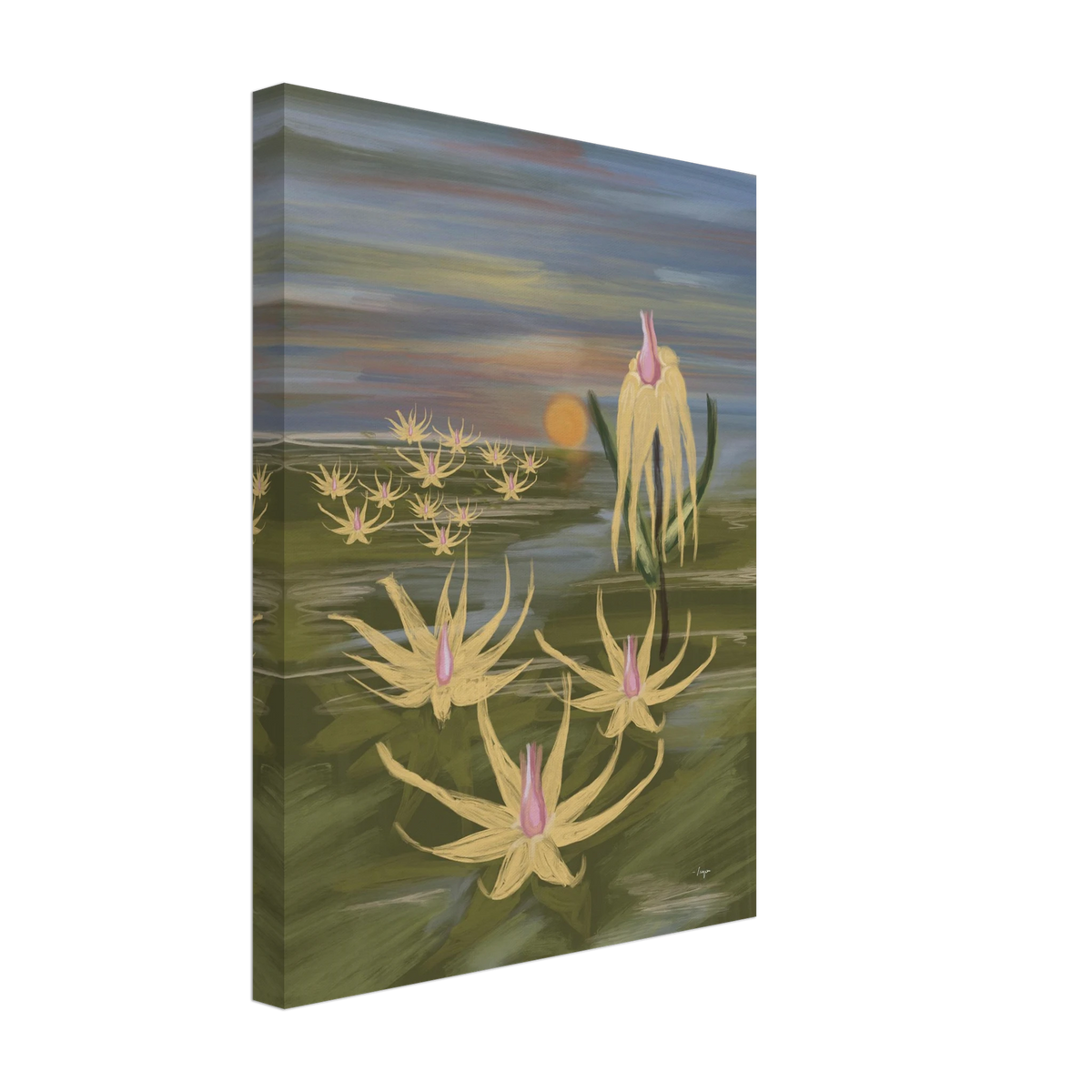 Unframed canvas wall art, angled view, with yellow flowers and pink buds by water