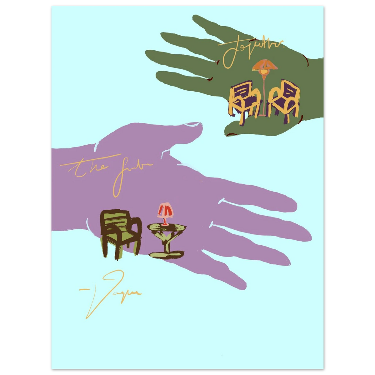 Palmistry wall art print with illustrated hands and small candle, thin silver border