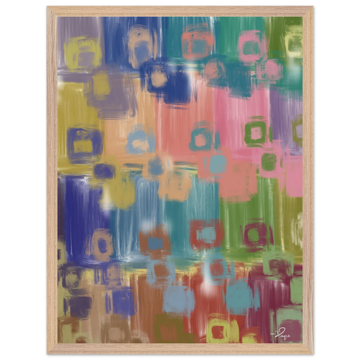 Abstract multicolor wall art with pale wood frame, colorful block and brushstroke pattern