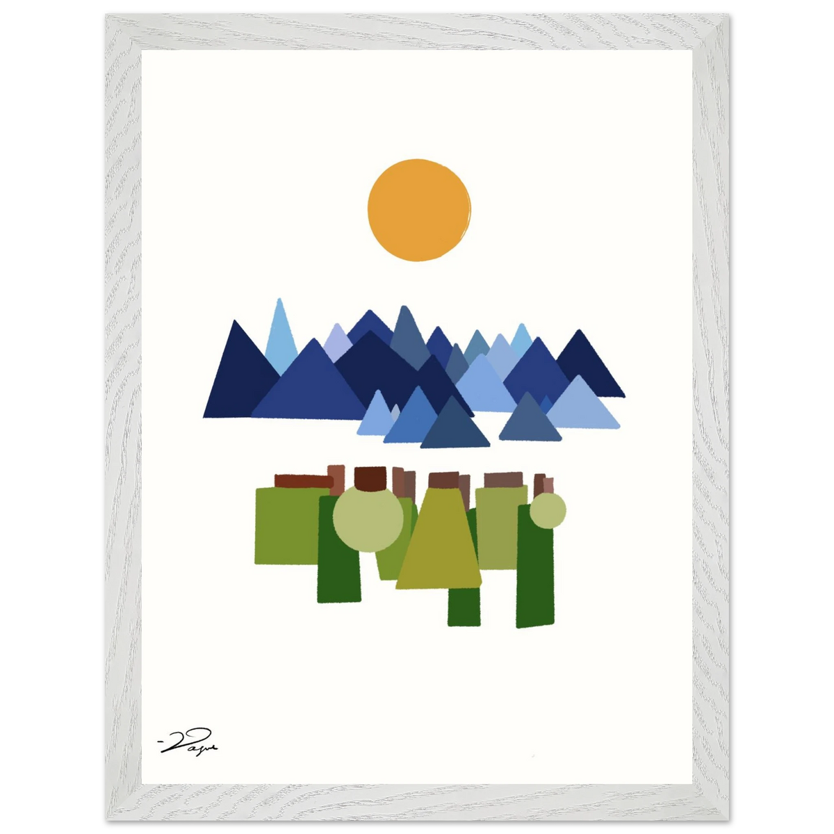 Framed abstract landscape print, pale gray border, orange sun, blue mountains, green figures