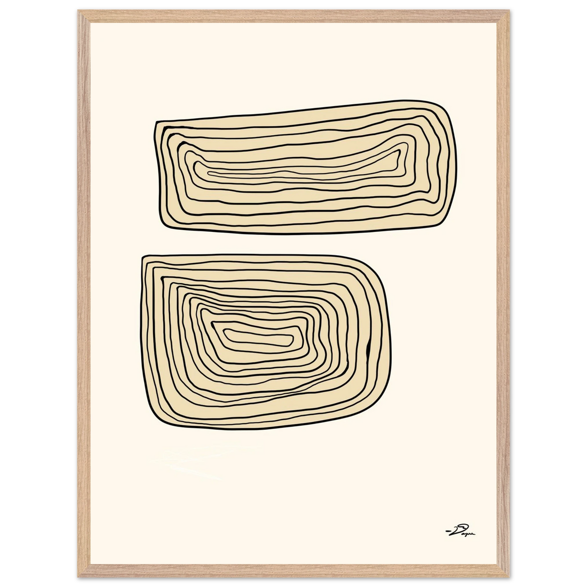 Wood-framed wall art with two stacked outline shapes in beige linework