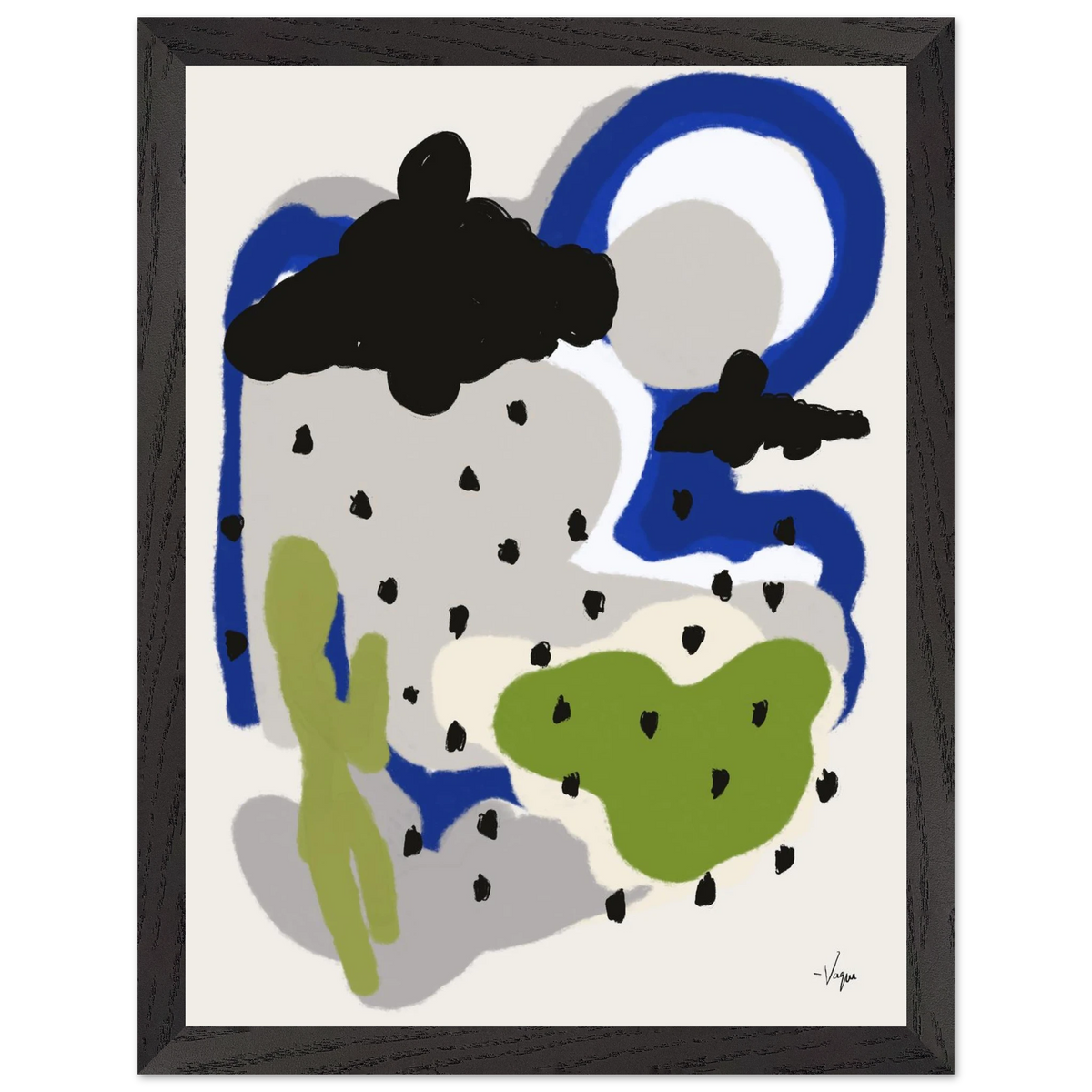 Framed abstract wall art with black frame, blue swirl, black cloud, and green raindrop shapes