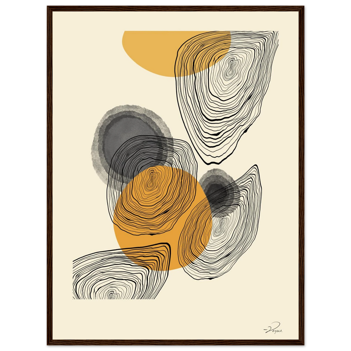 Fingerprint abstract print with orange and gray circles and black contour lines, in a dark wood frame