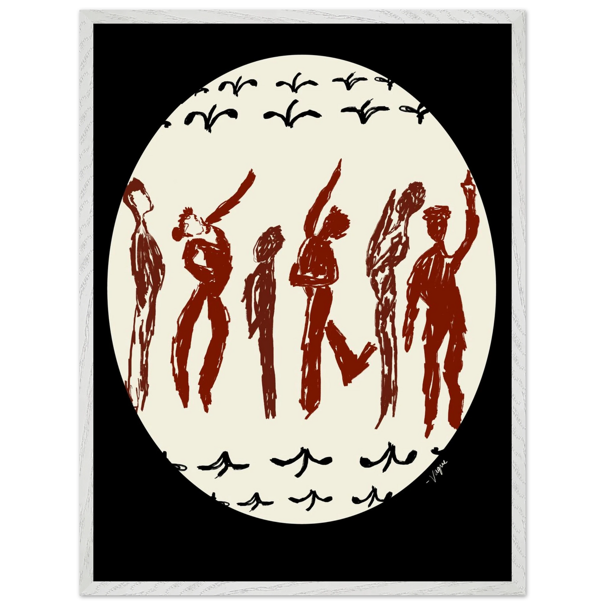 Framed wall art print with cream circle, red dancer silhouettes, and small bird shapes