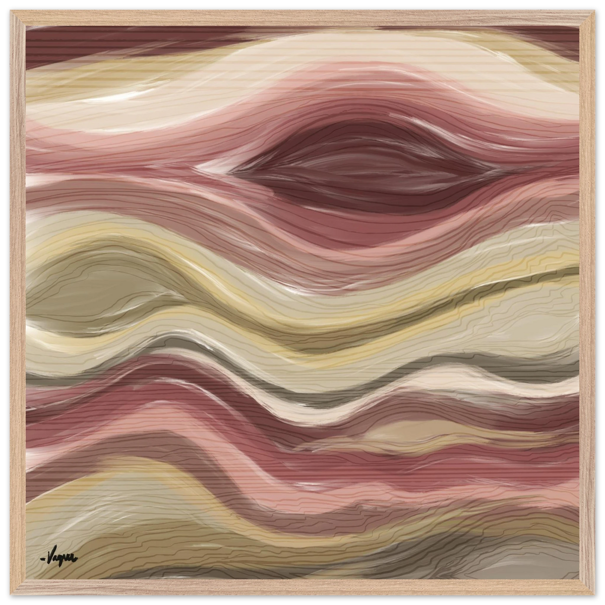 Abstract wall art with wavy rose, cream, and gray lines in a wood frame