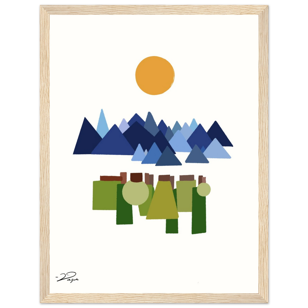 Corrupt Vol. 2 art print with blue mountains and green trees in a light wood frame