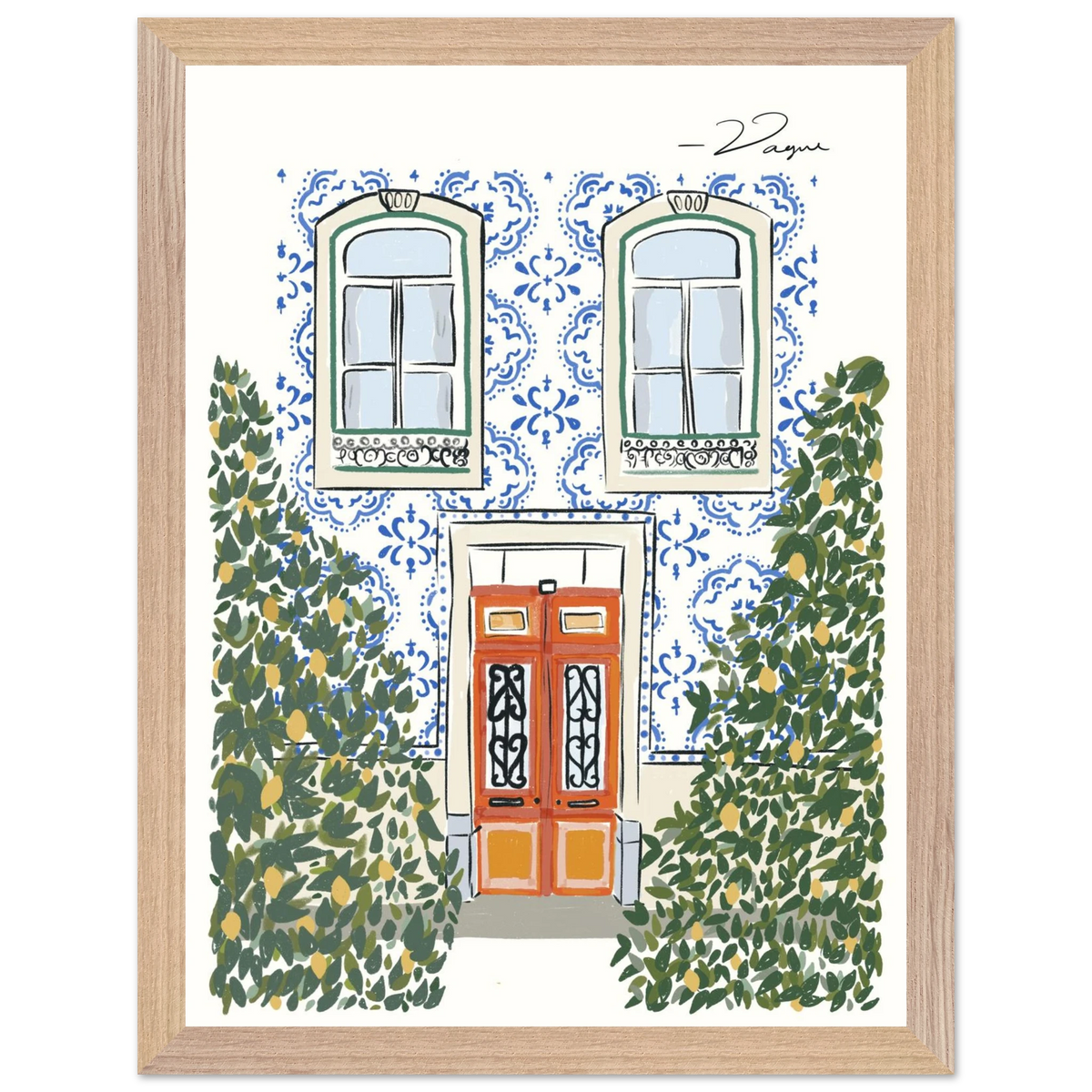 Riomaggiore door illustration wall art print with light wood frame