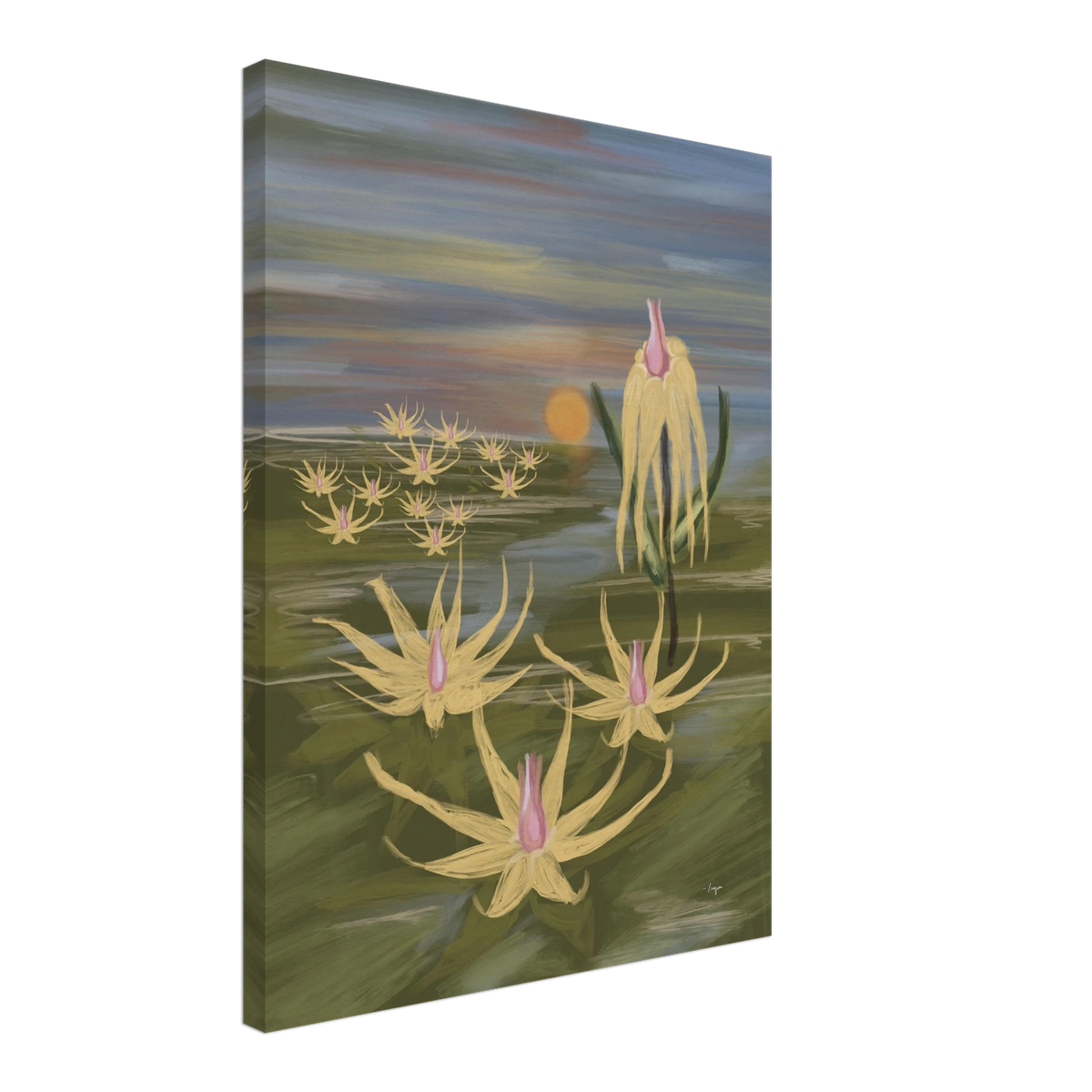 Unframed canvas wall art with floating yellow flowers, pink buds, and distant sunset