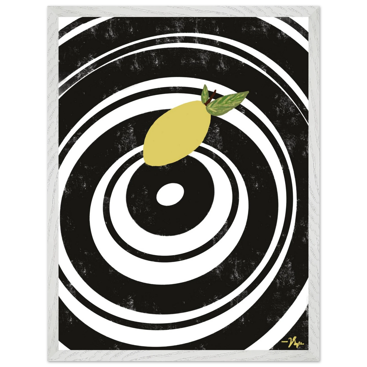 Square lemon wall art with white concentric circle lines, in a white frame