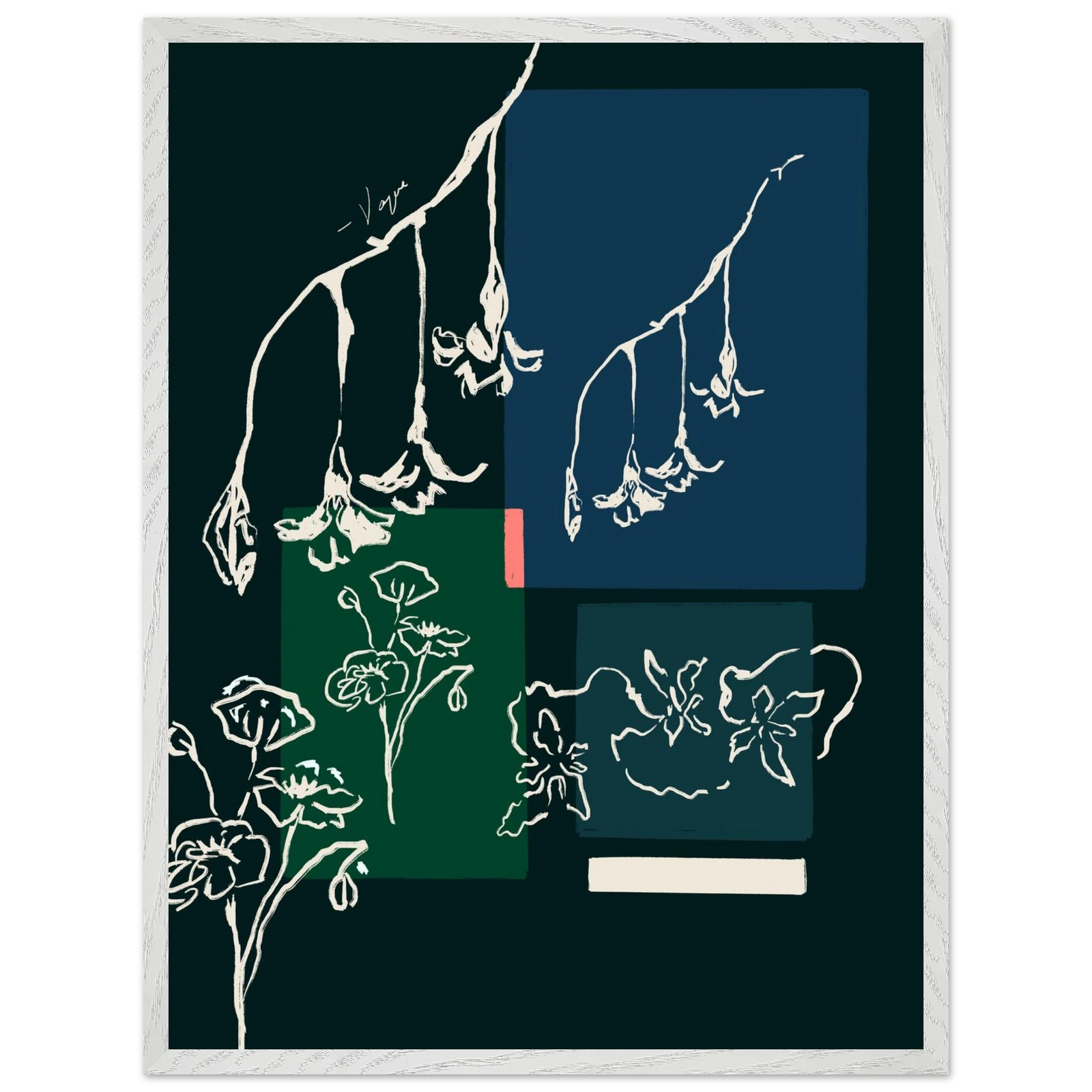 White-framed line art print with dark green and blue panels, illustrated figures