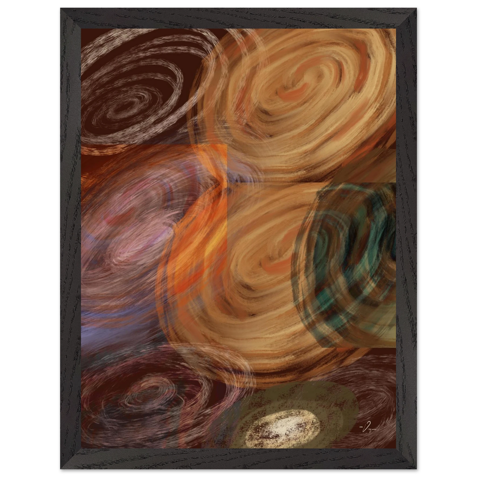 Black-framed abstract wall art with layered swirls in tan, brown, orange, and teal