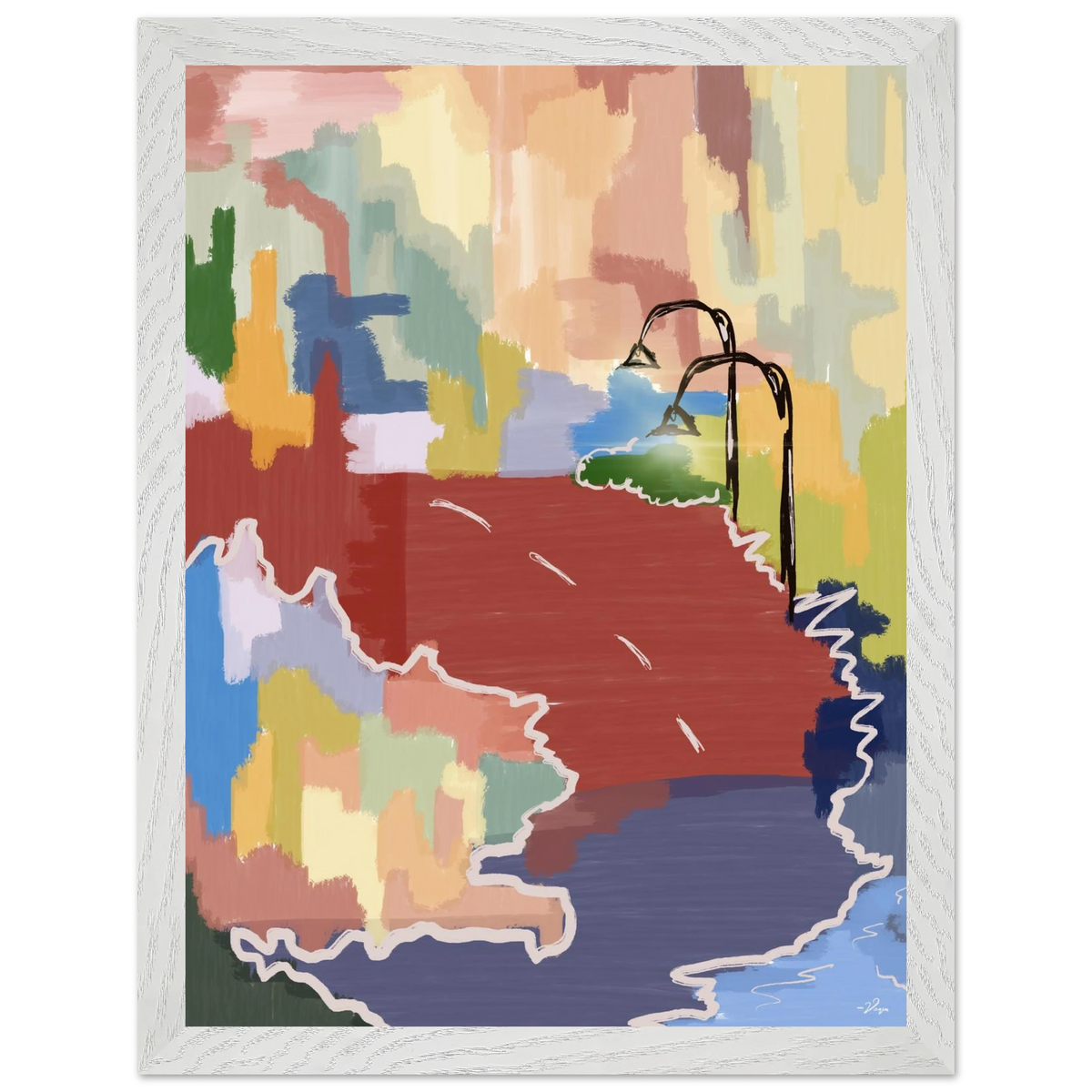 Framed abstract map-style wall art with multicolor coastlines, white frame