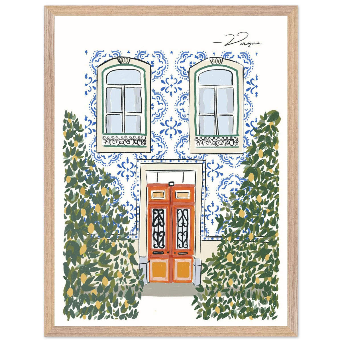 Riomaggiore door illustration wall art print with natural wood frame