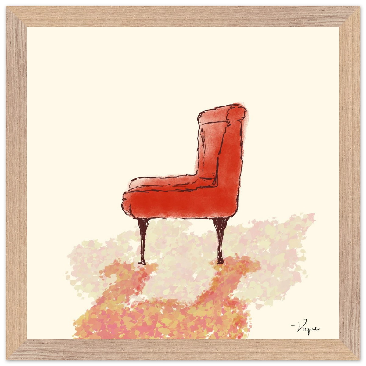 Framed wall art print with wood frame, showing a red-orange upholstered chair