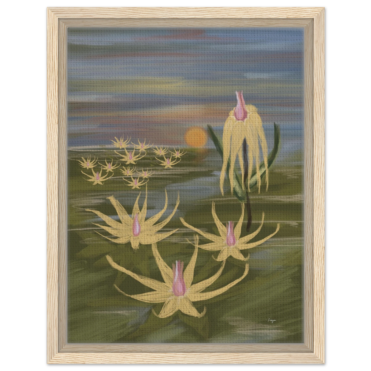 Light wood framed wall art with pastel yellow flowers and pink blossoms over water