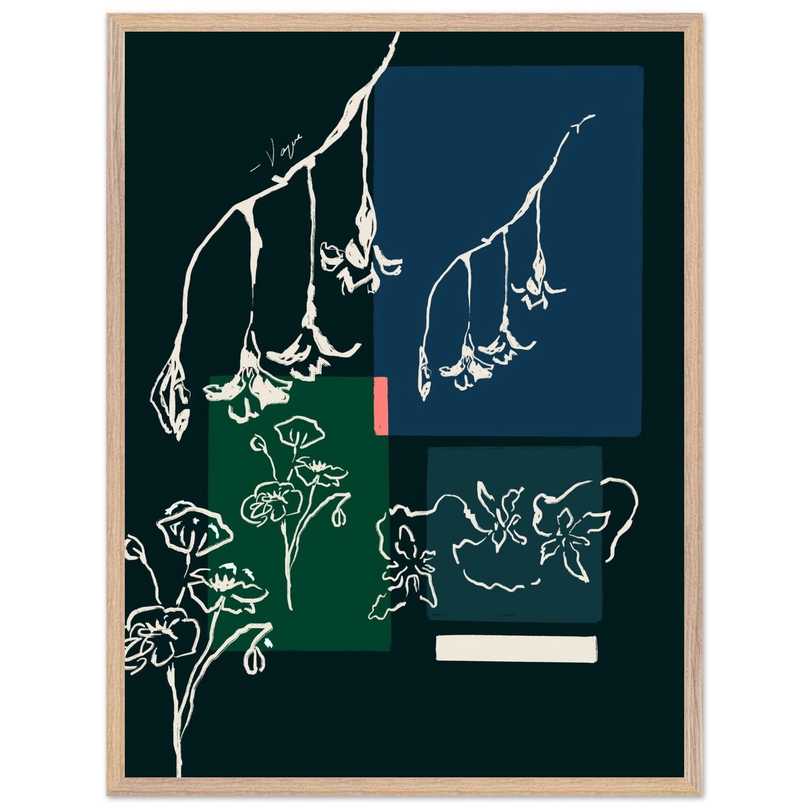 Framed wall art with wood frame and white botanical line illustration with colored accents