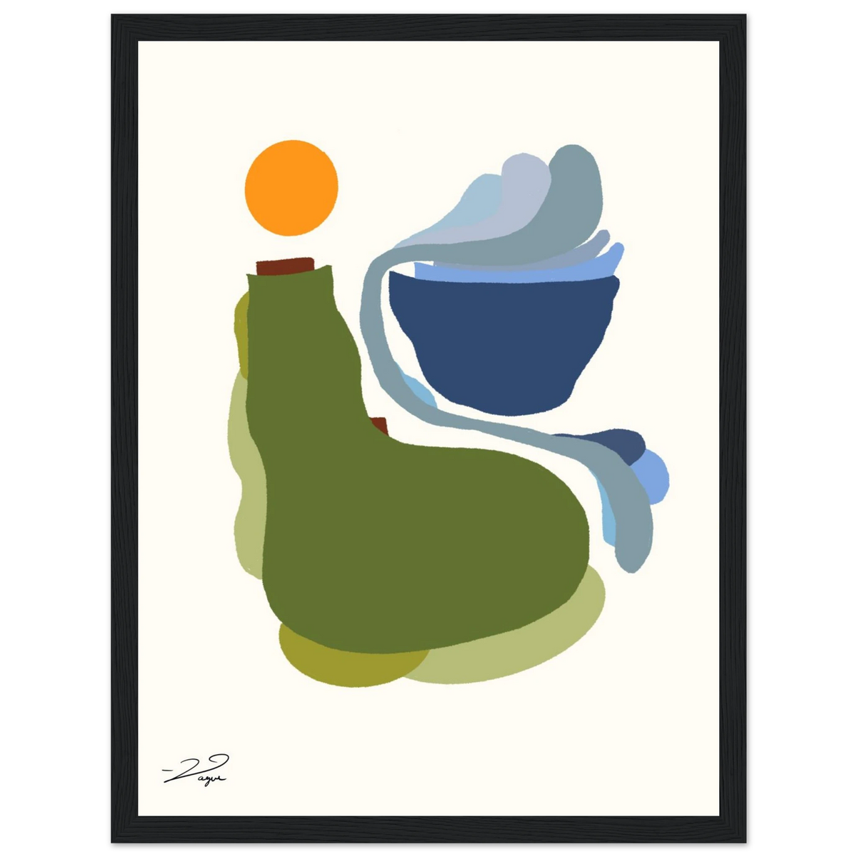 Abstract art print with orange, green and blue shapes in a black frame.