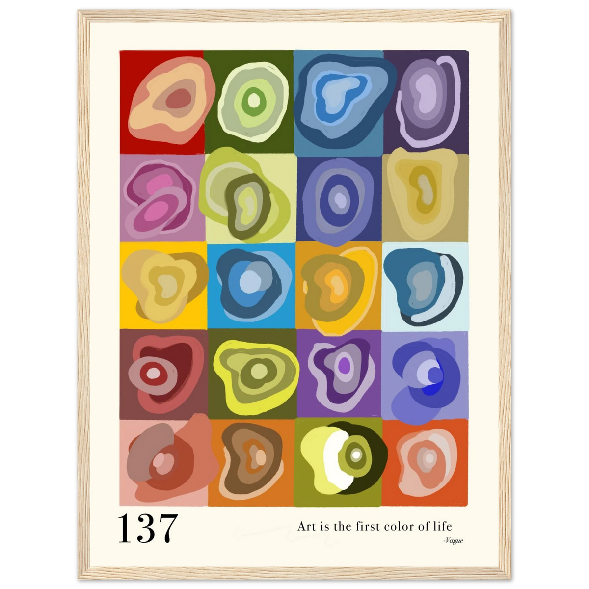 Abstract art print 137 with 20 colorful geometric shapes in a light wood frame