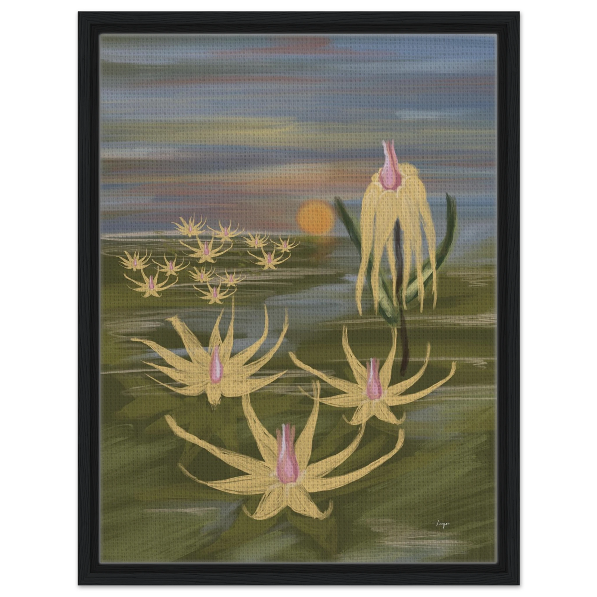 Black framed wall art with pastel yellow and pink flowers in a landscape with water