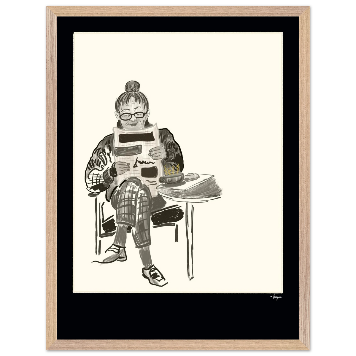 Wood-framed ink illustration of a person reading a tablet at a desk