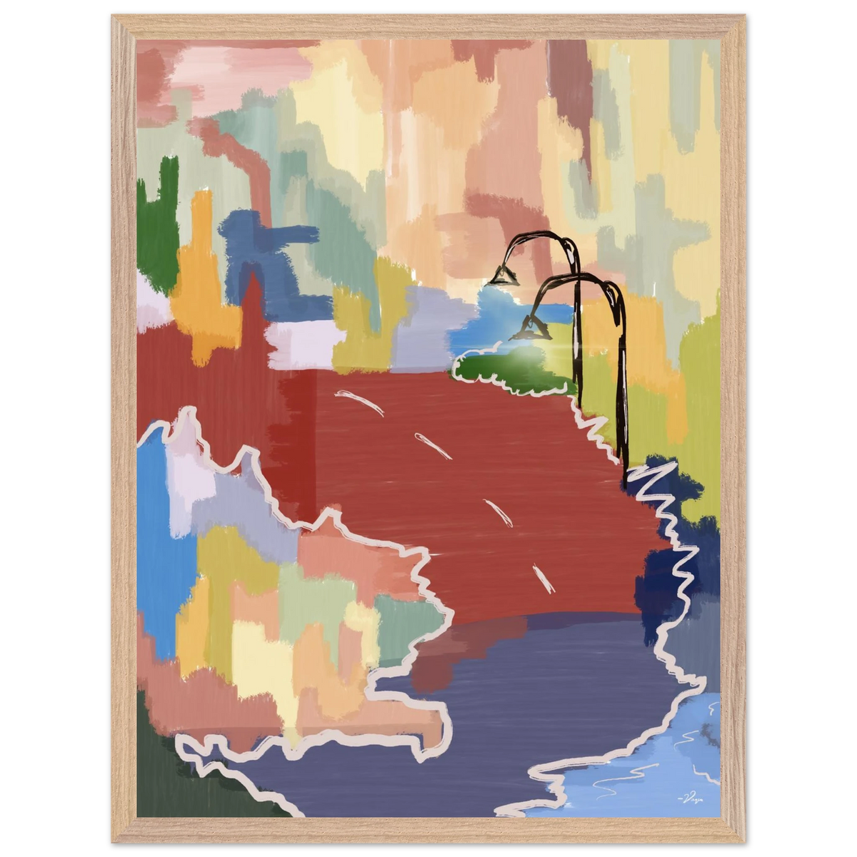 Framed abstract map-style wall art with multicolor coastlines, light wood frame
