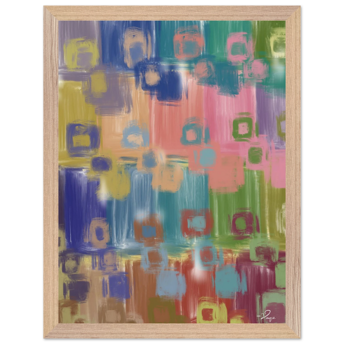 Abstract multicolor wall art with natural wood frame, colorful grid-like brushstrokes